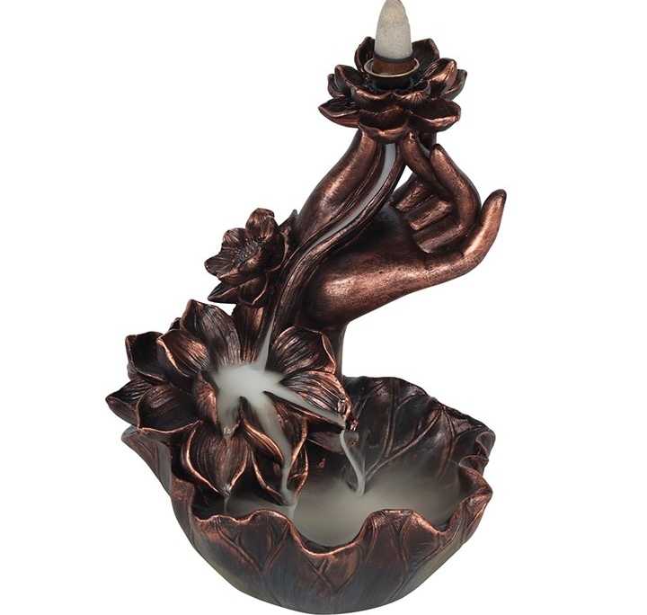 Bronze Effect Hand with Flower Backflow Incense Burner